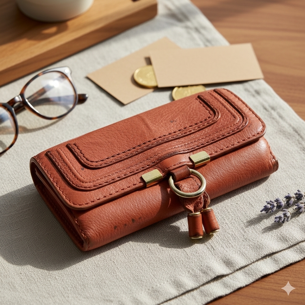 Chloe Brick Red Leather Wallet with Gold Accents